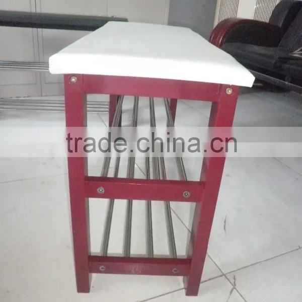 Wood Shoe Bench With Two Metal Racks and Fabric Floral Design Seat Cushion photo-3