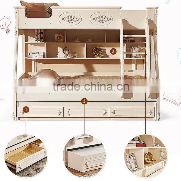 European Classic Rococo Style Pure White Wood Stairway Bunk Bed With Drawers BF11-09183a photo-3