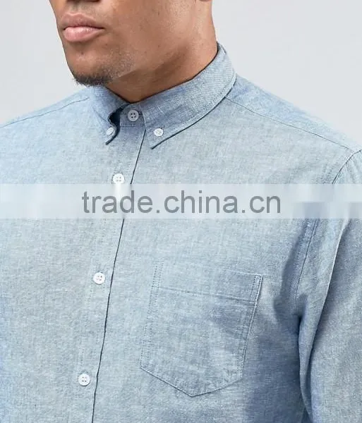 Guangzhou Custom Pre-Shrunk Long Sleeve Spread Collar 55% Linen 45% Cotton Regular Fit Casual Blue Solid Mens Shirts photo-3