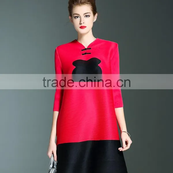 Retro Pleat Chinoiserie Printed Ladies Large Size Dress With Two Buttons photo-3