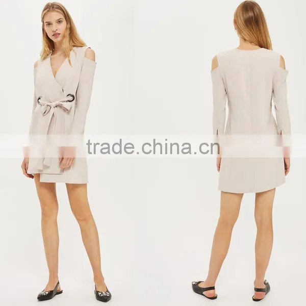 Belted Cold Shoulder Long Sleeve Coat Style Blazer Dress for Women photo-5