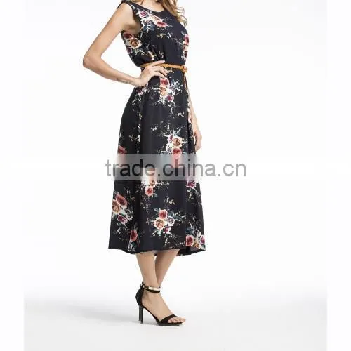 Polyester One-piece Dress Big Pendulum Type & Different Size for Choice & Belt & Mid-calf Printed 86276 photo-5