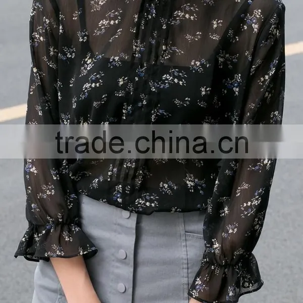 2017 Fashion Womens Puff Sleeve Chiffon Printed Blouse Designs Ladies Fashion Elegant Shirts Blouse photo-3