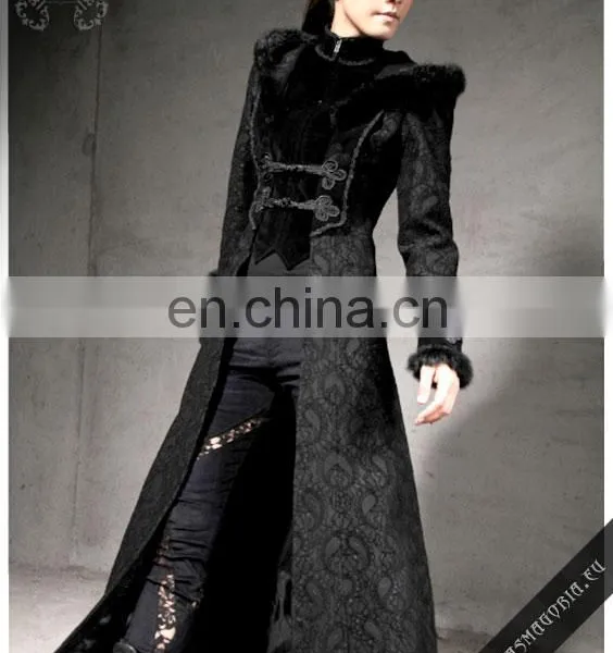Gothic Long Coat With a Hood Trimmed With Natural Rabbit Fur photo-5