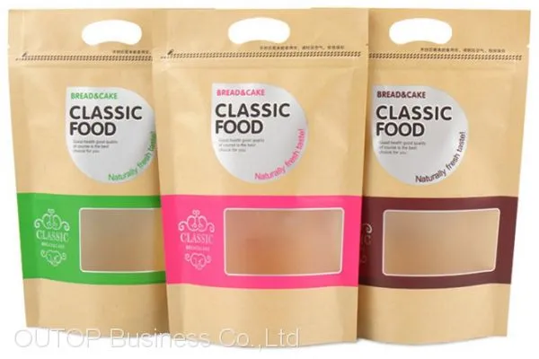 OUTOP Packaging Free Samples Standing up Pouches Brown Kraft Paper Bag With Window photo-3