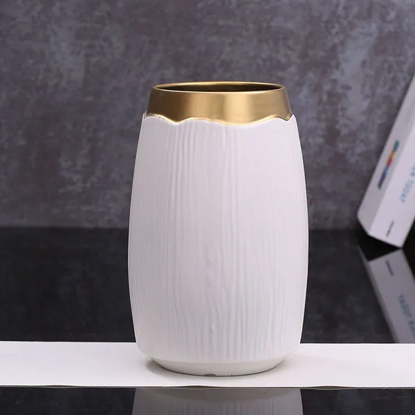 Wide Mouthed White Stripe Gild Hand Made Ceramic Vase For Hallway Decoration photo-3