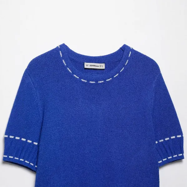 Summer New Versatile Women's Clothing With Contrasting Color Stitching and Round Neck Short Sleeved Knitted Top photo-4