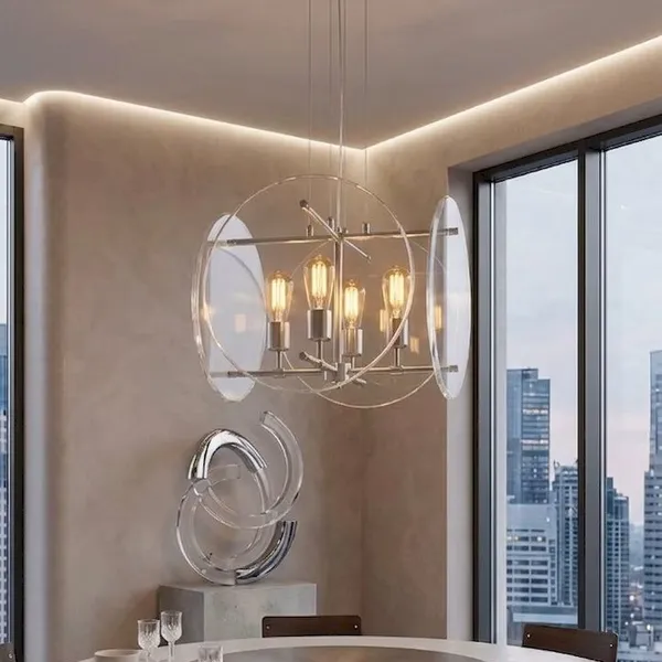 Globe Frame Chandelier – 4-Light Acrylic Disc & Exposed Bulb photo-3