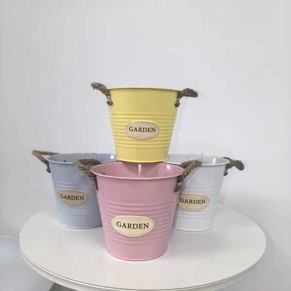 Colorful Metal Flower Bucket With Rope Handle, Galvanized Iron Plant Pot for Garden Decor, 4 Colors Available