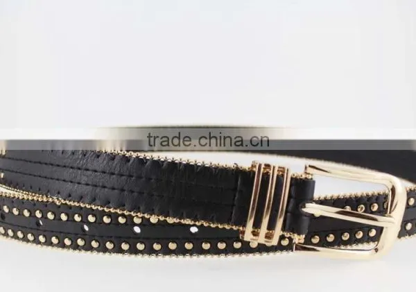 Women's Fashion Gold Metal Studded PU Black Leather Jeans Belt With Double Bean Chian photo-4