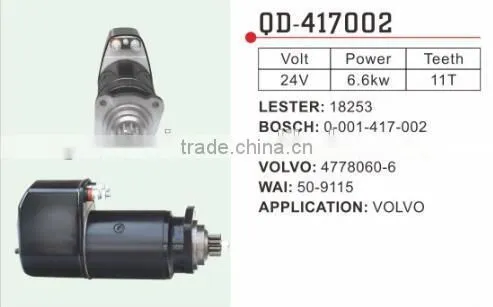 Volvo Starter Motor 4778060-6 Lester 18253 Bosch 0-001-417-002 Woodauto STR50436 Wai 50-9115