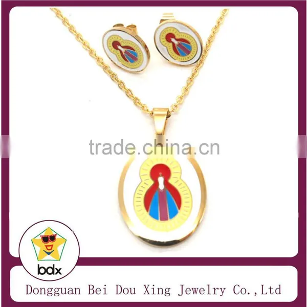 Top Selling Fashion Stainless Steel Colorful Enamel Religious Saint Virgin Mary Maria Islamic Jewelry Pendant Earrings Necklace