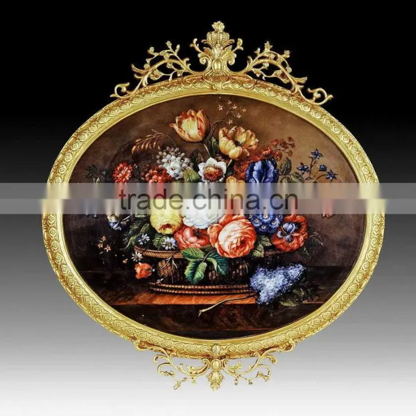 Antique Wood Carved Framed Mural, Oil Painting Ceramic Flower Framed Mural photo-5