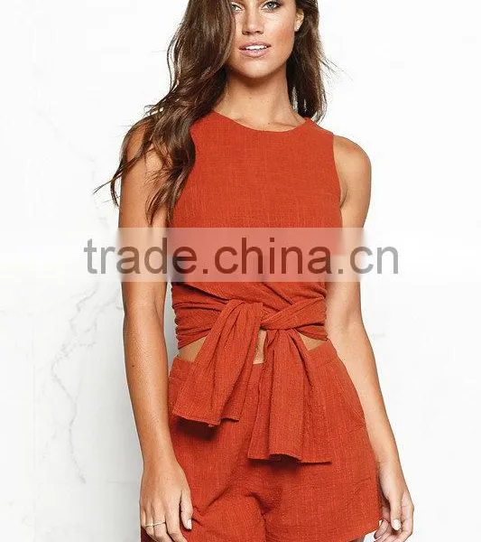 Cotton & Linen Fashionable High Low Crop Tops And Shorts Women Two Piece Sets photo-4
