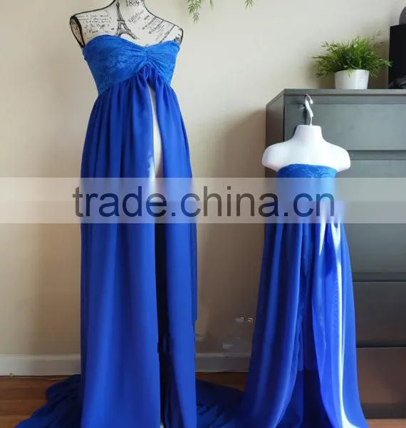 Mommy And Daughter Party Dress Maternity Blue Chiffon Floor Length Gown Dress photo-4