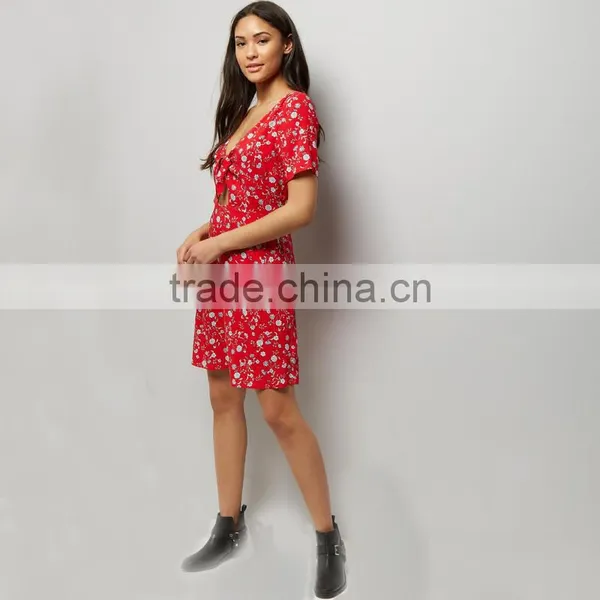 RED Self Bow V-neck Women Printed Short Sleeve Dress photo-2