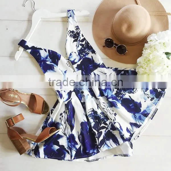 Summer Style Blue Floral Print Women Jumpsuit Romper photo-3