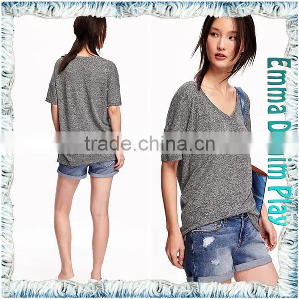 Latest Designer Ladies Sexy Loose Fit Short Sleeves Grey Cotton Heart V Neck T Shirts photo-3