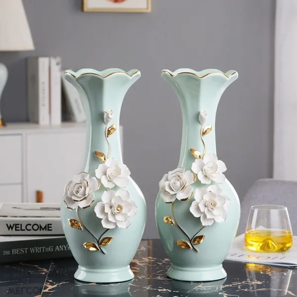 European Style Blue White Buddhism Dry Flower Ceramic Vase Silk Cloth Flower For Hallway photo-2