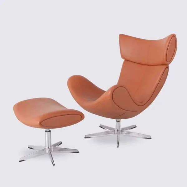Cognac Full Grain Leather Lounge Chair with Design Footrest – Louisia