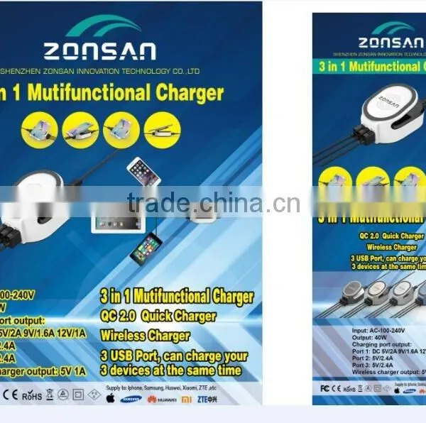 Amazon Hot Selling 3 in 1 Mutifunctional QC 2.0 USB Charger Qi Wireless Charger photo-5
