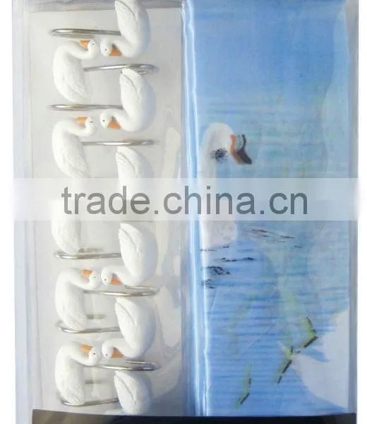 Swan Design Shower Curtain With 12pcs Decorative Resin Hooks