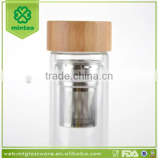 Promotion 400ml Custom Braned Double Wall Glass Drink Tea Water Bottles With Bamboo Lid photo-2