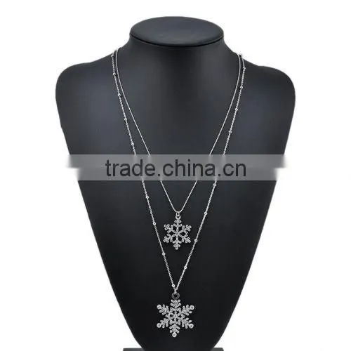 Cheap Crystal Rhinestone Double Snowflake Pendant Silver Necklace Women Xmas Gift photo-4