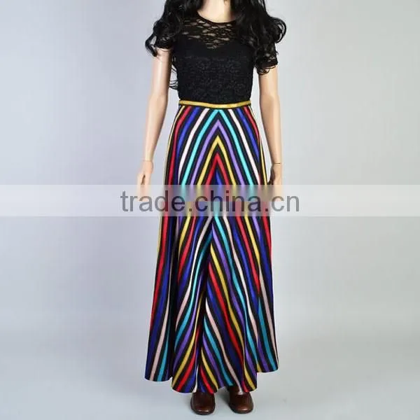 Fashion Summer High Waist Rainbow Color Viscose Chevron Stripe Maxi Skirt photo-2