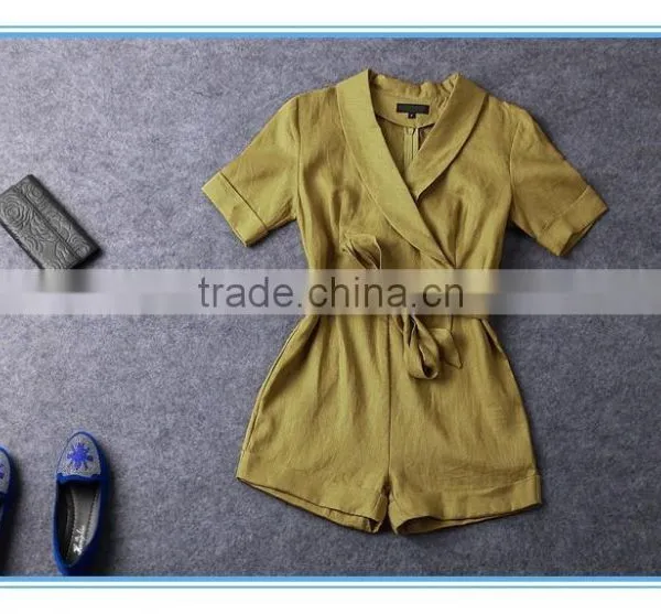 Hot Sales Half Sleeves Linen Formal Tailored Romper Jumpsuit For Women photo-4
