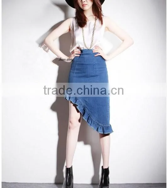 2015 New Fashion Asymmetrical Ruffled Denim Pencil Mini Short Skirt photo-4