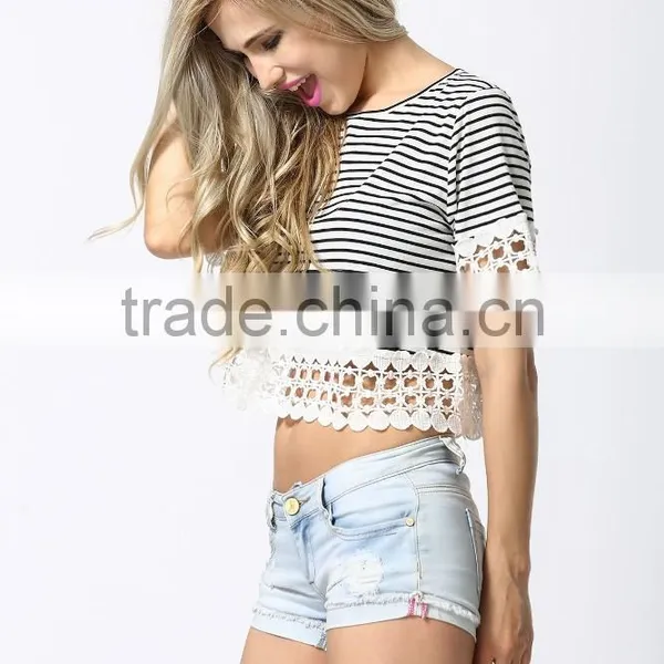 European Style Sexy Women Fashion Round Neck White Short Sleeve Top Stripe Cropped T-shirt 2017 photo-5