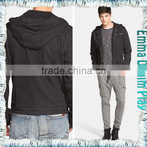 2016 Wholesale Autumn Fashion Men Zipper Soild Black Denim Jackets With Hooded photo-3
