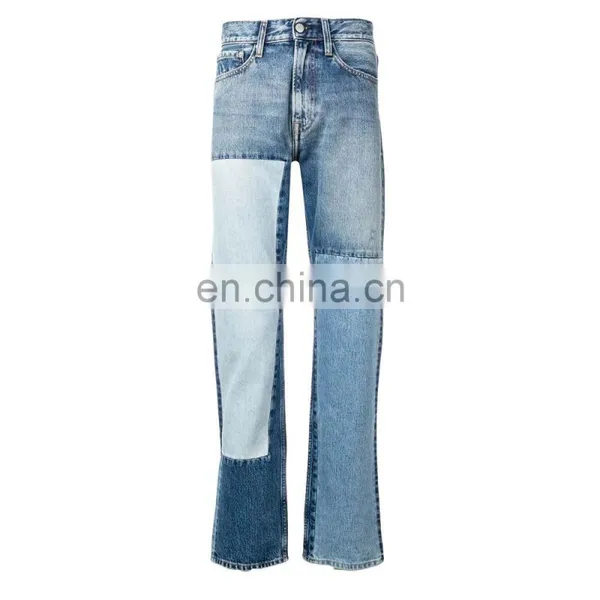 DiZNEW OEM Blue Cotton Straight Leg Patchwork Jeans For Men photo-2