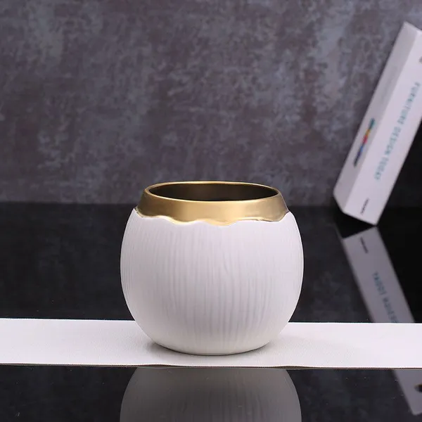 Wide Mouthed White Stripe Gild Hand Made Ceramic Vase For Hallway Decoration photo-4