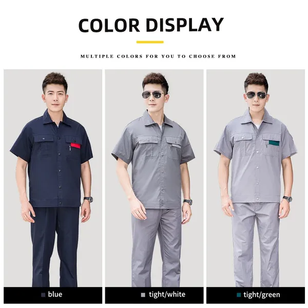 Summer Short Sleeved Work Clothes Set for Male and Female Workers, Workshop Labor Protection Clothing, Sweat Absorbing and Breathable Half Sleeved Work Clothes Wholesale