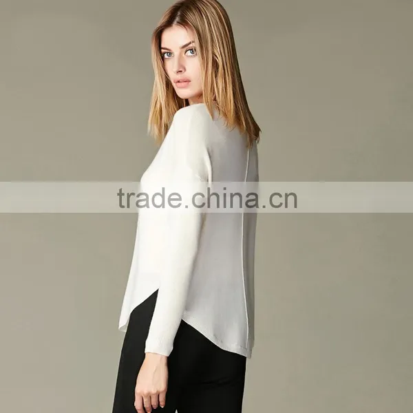 JS-12016 OEM Service V Neck and Elliptic Brim Women Pure Cashmere Pullover photo-2