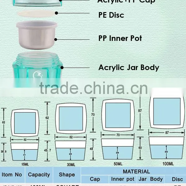 15ml 30ml 50ml 100ml Square Cosmetic Cream Acrylic Jar photo-2