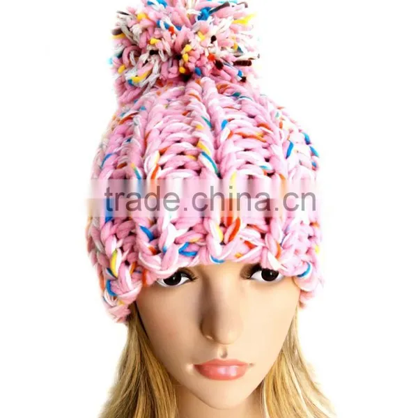 Hand Knitted Winter Hats for Ladies With Big Pompom and Thick Thread