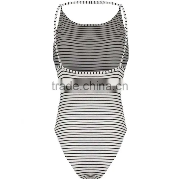 2016 New Fashion Lace Up Front Sleeveless Bodysuits Young Girl Black White Stripe Women Tops photo-5