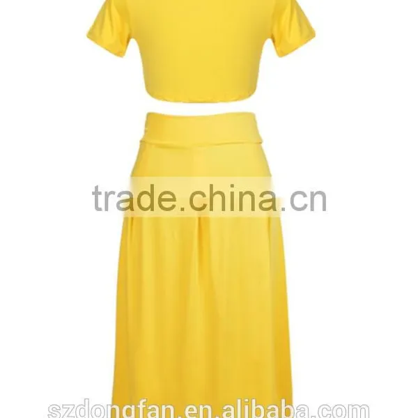 Wholesale 2016 New Fashion Ladies Women Dress Elegant Two Pieces Female Dress Summer Women Crop Tops Blouse Pleated Yellow Long photo-3