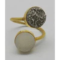 White & Silver Druzy 10mm Round Adjustable Silver Gold Plated Ring photo-2