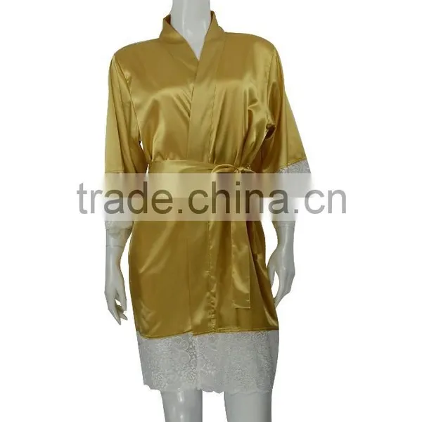 Women's Sexy Satin Short Kimono Robe-Lace Trim photo-4