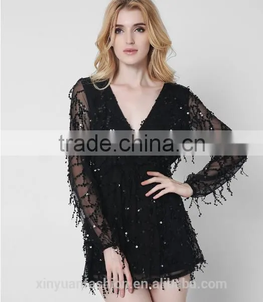 New Long Sleeves Deep V Sexy Dress Net Yarn Tassel Sequins Skirt Summer photo-4