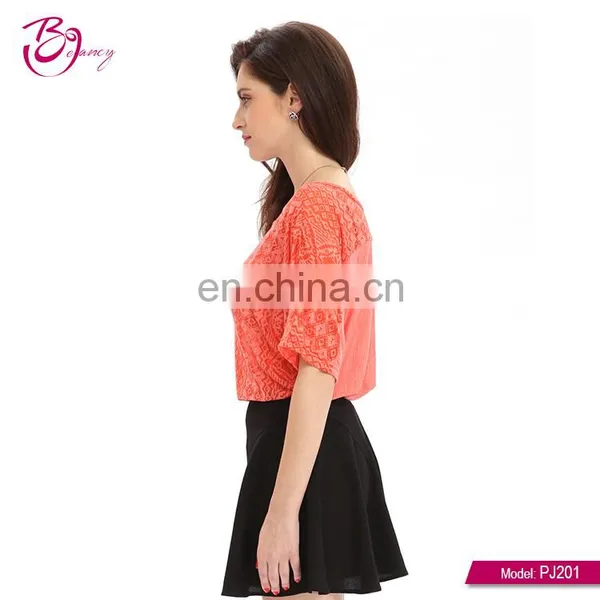 New Fashion Short Sleeve Simple Red Sexy Lace Blouse Designs photo-2