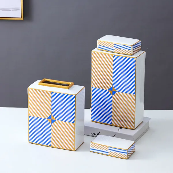 European Simple Style Blue Square Sheet Painting Cube Ceramic Flowers Vases With Lid For Study photo-3