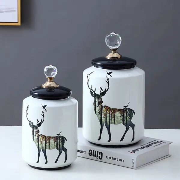 European Simple Style New Cylinder Deer Painting Ceramic Flower Vases Tableware Decoration With Crystal Lid For Home photo-4