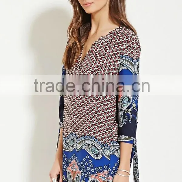2016 V Neck Rayon Printed Loose Blouse Dress For Contemporary Women photo-3