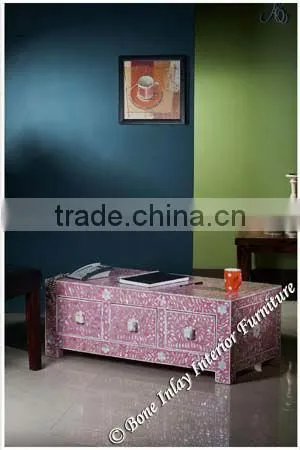 Coffee Table-Pink Mother of Pearl Inlay Three Drawer