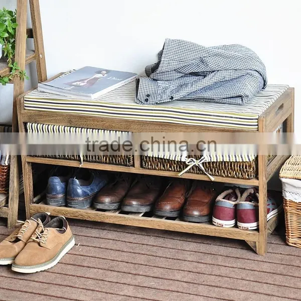 Interior Decoration Shoes Storage Bench With Woven Basket photo-3